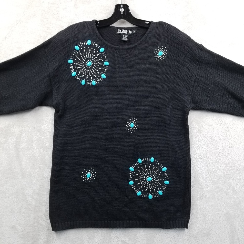 Vintage Embellished Sweater Turquoise Beaded Knit‎ Top Pullover Size M